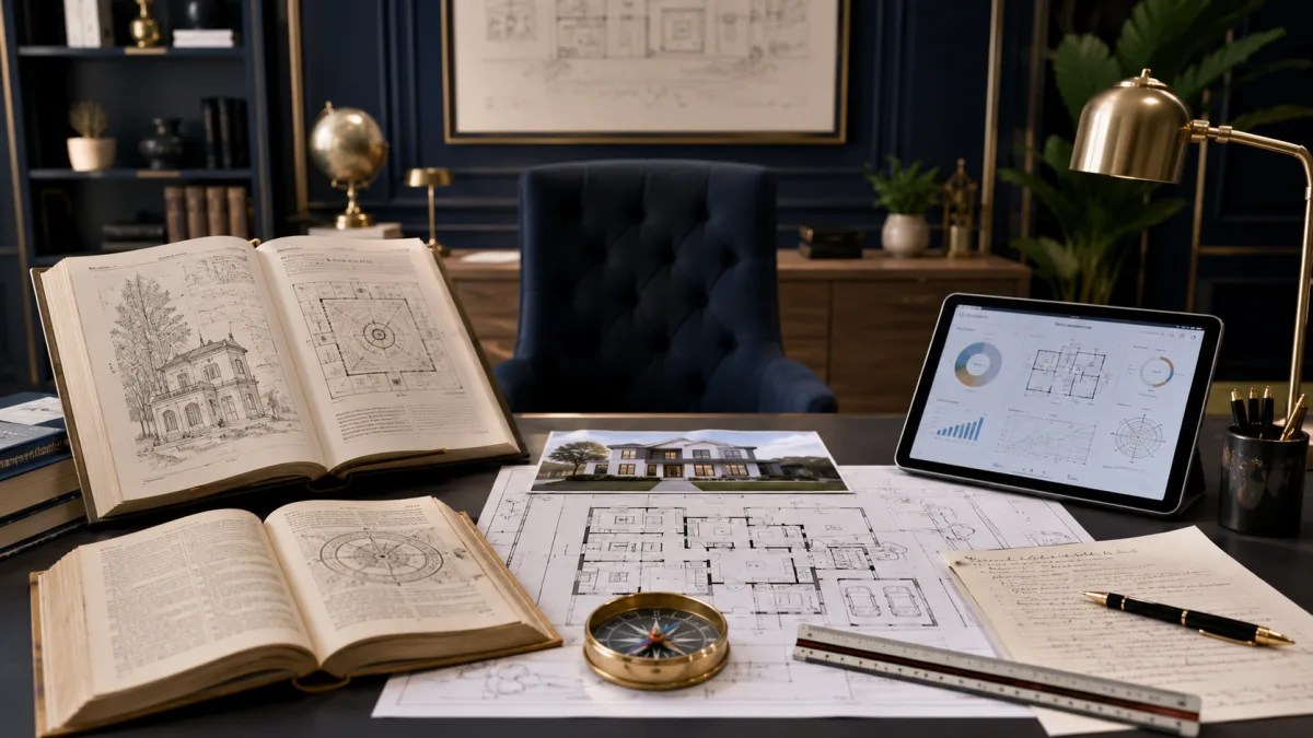 Vastu research desk with classical references and USA floor plan analysis